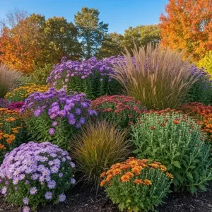Autumn flower beds filled with vibrant blooms, including asters, chrysanthemums, and ornamental grasses, creating a stunning fall garden landscape.