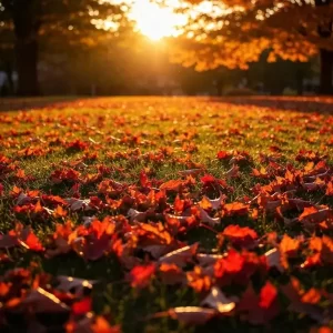 Fall fertilizing guide showing a lawn covered with autumn leaves and sunlight, highlighting the importance of lawn care in cooler weather.