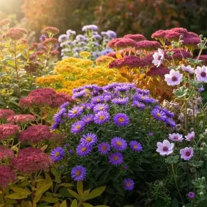 Fall-friendly perennials in full bloom with vibrant autumn colors by Hawkins Landscaping.