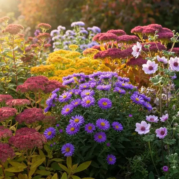 Fall-friendly perennials in full bloom with vibrant autumn colors by Hawkins Landscaping.