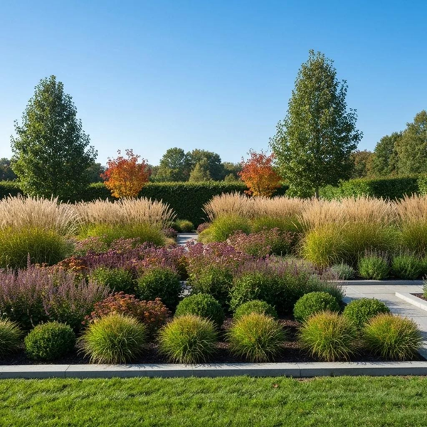 Beautiful garden design featuring ornamental grasses, shrubs, and colorful foliage showcasing Fall-friendly Perennials, landscaped by Hawkins Landscaping.