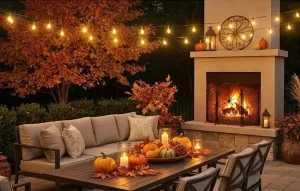Outdoor lighting ideas with cozy autumn patio, string lights, pumpkins, and fireplace by Hawkins Landscaping