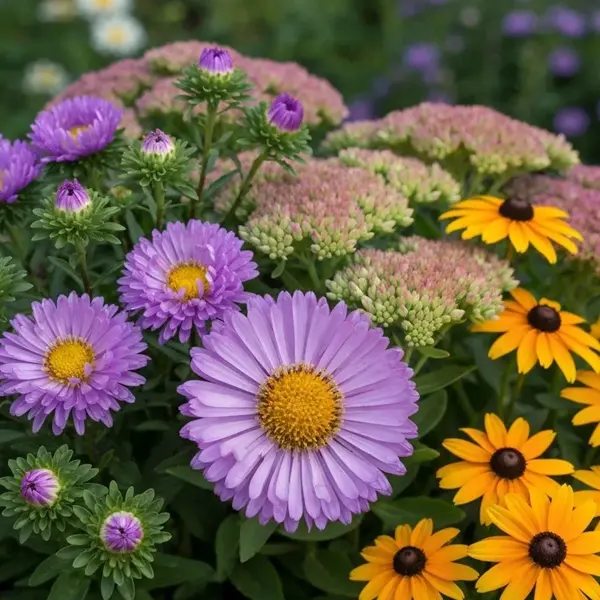 Fall-friendly Perennials featuring vibrant purple asters, yellow black-eyed Susans, and sedum blooms, beautifully arranged in a seasonal garden by Hawkins Landscaping.