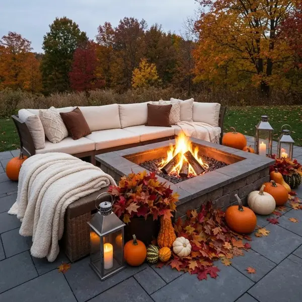 Cozy outdoor patio setup with a stone square fire pit surrounded by pumpkins, autumn leaves, lanterns, and cushioned seating, offering warm fire pit inspiration by Hawkins Landscaping.