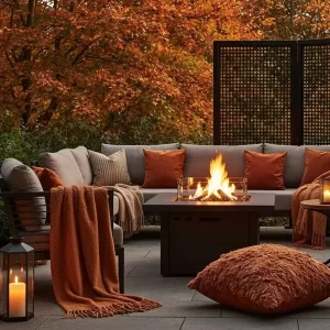 Cozy fall patio upgrade by Hawkins Landscaping featuring a fire pit, warm blankets, and autumn décor for a comfortable outdoor space.