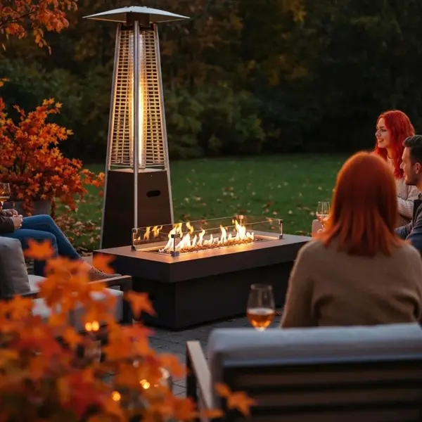 Cozy fall patio upgrade by Hawkins Landscaping featuring outdoor heating, fire pit, and warm autumn ambiance for outdoor gatherings.