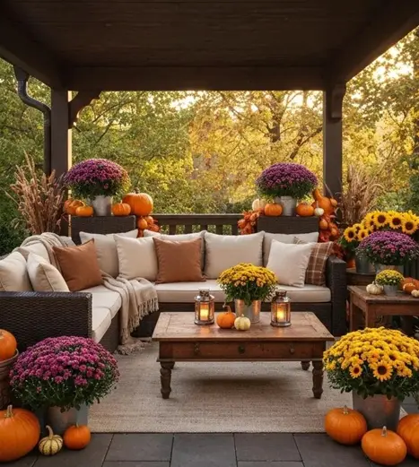 Beautiful fall patio upgrade by Hawkins Landscaping featuring cozy seating, pumpkins, and vibrant mums for a warm outdoor living space.