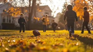 Children playing football on a sunny autumn lawn with colorful fall leaves, showcasing a warm outdoor setting by Hawkins Landscaping.