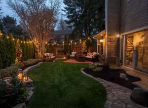Cozy holiday outdoor space with string lights, garden beds, and a polished landscaping design created by Hawkins Landscaping.