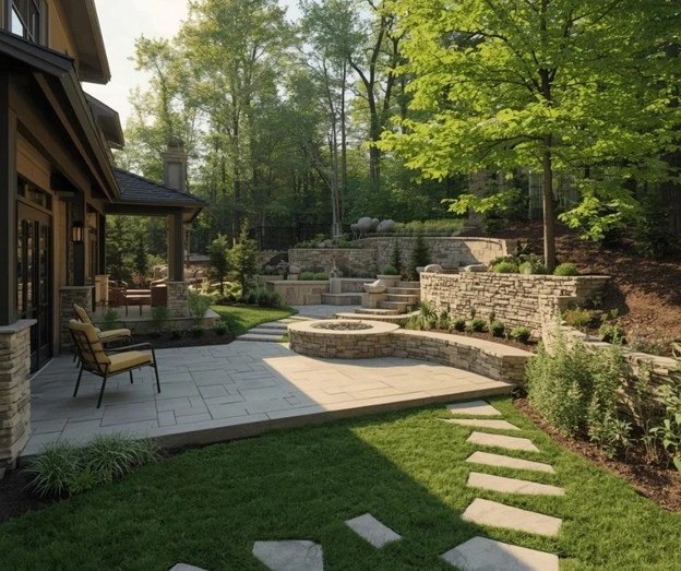Elegant backyard landscaping ideas featuring stone patios, terraced retaining walls, and lush greenery, designed by Hawkins Landscaping.