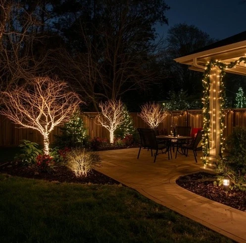 A backyard patio beautifully lit with tree-wrapped string lights and warm pathway lighting, highlighting elegant landscaping lights installed by Hawkins Landscaping.