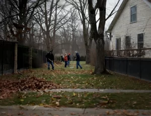 People performing Fall Cleanup by raking leaves in a backyard, showing seasonal yard maintenance services similar to what Hawkins Landscaping Inc provides.