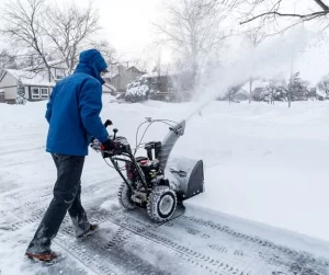 A worker using a snow blower to clear a residential driveway after a snowfall, showcasing reliable snow removal services by Hawkins Landscaping.