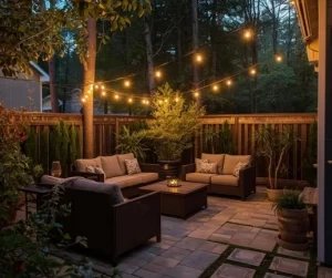 Cozy patio for backyard living with stone pavers, outdoor seating, and warm string lighting, designed by Hawkins Landscaping.