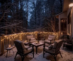Winter-ready patio and deck with cozy seating, snow-covered flooring, and warm string lights, designed by Hawkins Landscaping.