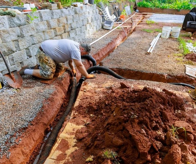 Installing underground drainage solutions with gravel and piping to manage yard runoff, professionally handled by Hawkins Landscaping.