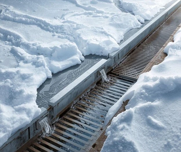 Snow melt flowing into a trench drain along a paved surface, demonstrating effective drainage solutions that prevent winter water damage by Hawkins Landscaping.