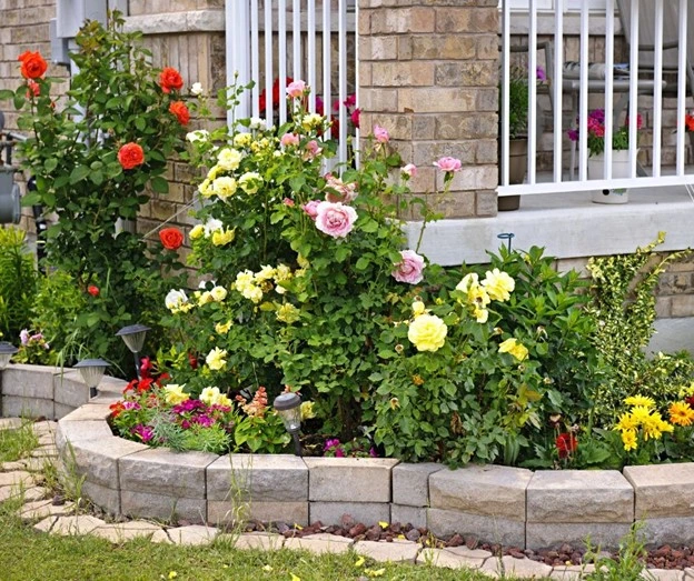 Colorful landscaping plants including roses and seasonal flowers arranged in a raised garden bed by Hawkins Landscaping.