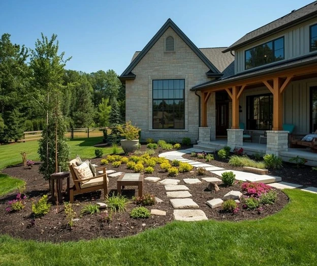A beautifully designed front yard with stone pathways, lush lawn, and carefully arranged plants, showcasing professional landscaping services by Hawkins Landscaping.