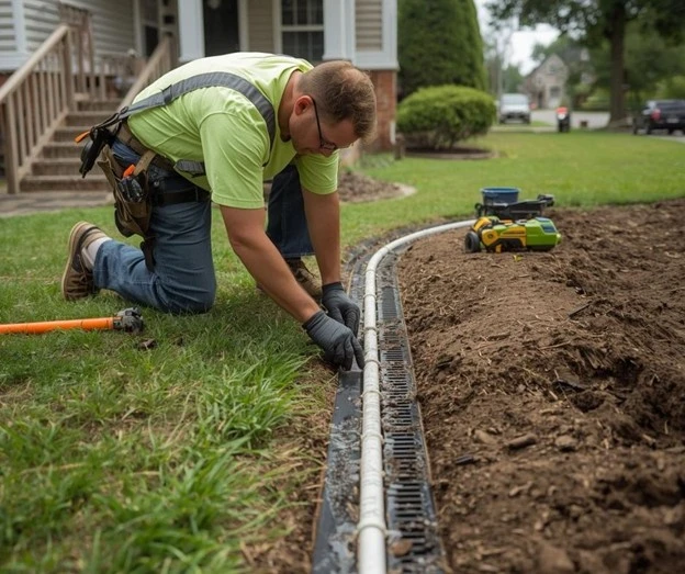 Drainage experts from Hawkins Landscaping installing an underground drainage solution along a residential lawn.