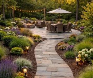 Curved stone path leading to an outdoor seating area showcasing elegant walkways and patios surrounded by lush landscaping by Hawkins Landscaping.