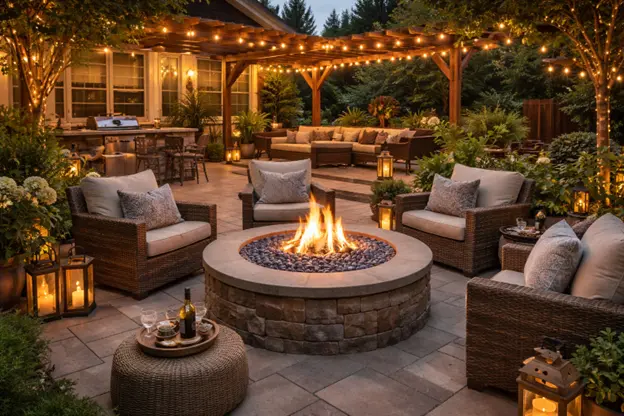 Cozy backyard patio with fire pit, outdoor seating, and warm string lighting designed by Hawkins Landscaping.