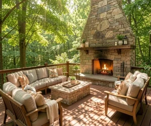 Cozy patio and fireplace design featuring a stone fireplace, comfortable seating area, and a warm, inviting atmosphere surrounded by lush greenery, designed by Hawkins Landscaping.