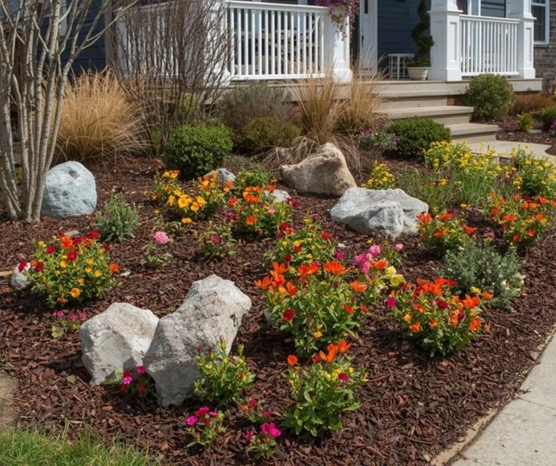 Beautiful landscaping design featuring vibrant flowers, decorative rocks, and mulch, expertly arranged to create an inviting and colorful garden by Hawkins Landscaping."