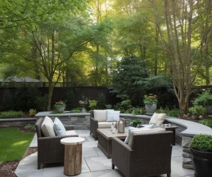 Cozy patio for backyard with stone seating area, outdoor furniture, and lush greenery designed by Hawkins Landscaping.