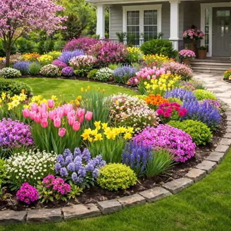 Colorful curved flower beds in front of a home showcasing professional landscaping design by Hawkins Landscaping.