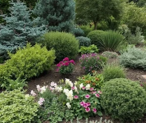 Lush garden featuring a variety of landscaping plants, including shrubs, evergreens, and colorful flowers arranged by Hawkins Landscaping.