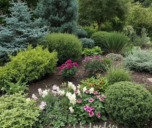 Lush garden featuring a variety of landscaping plants, including shrubs, evergreens, and colorful flowers arranged by Hawkins Landscaping.