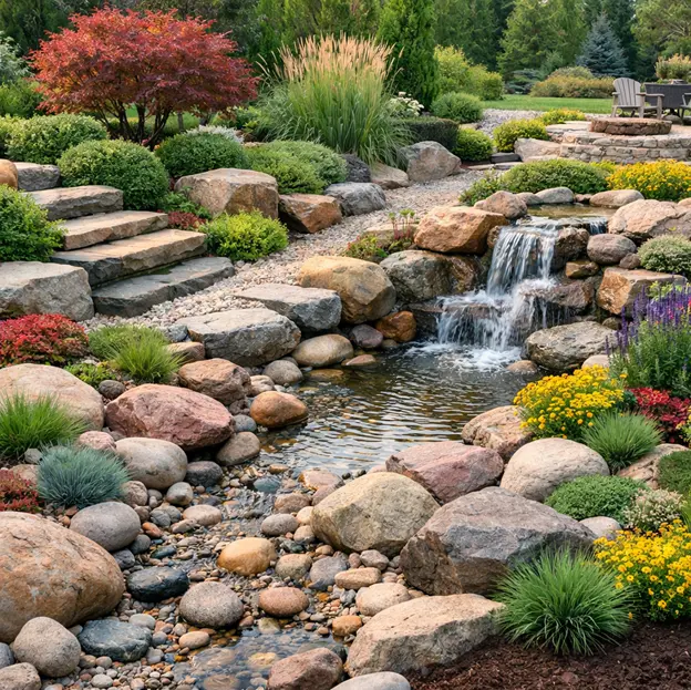 Stunning landscaping with rock ideas featuring a serene waterfall, natural stone steps, and vibrant plantings, creating a peaceful and beautiful backyard oasis, designed by Hawkins Landscaping.