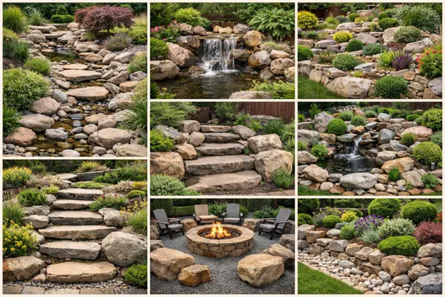 Collage of landscaping with rock ideas featuring stone pathways, garden steps, water features, and a fire pit by Hawkins Landscaping.