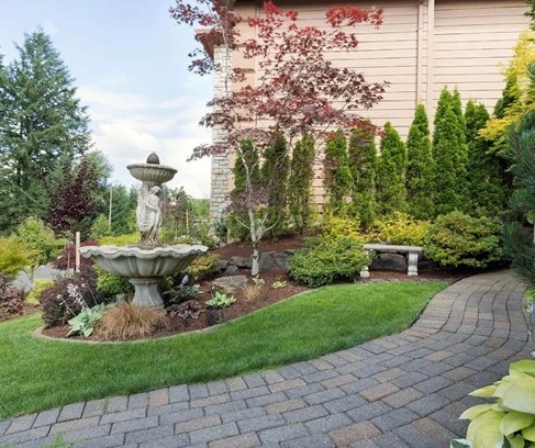 Hardscapes landscaping by Hawkins Landscaping, featuring a beautifully paved path, a stunning water fountain, and lush greenery, creating a serene and low-maintenance outdoor space.