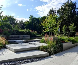Modern landscape design with tiered concrete steps, built-in planters, and lush greenery creating a clean, structured outdoor space by Hawkins Landscaping