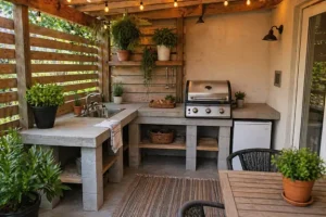 Patio kitchen by Hawkins Landscaping featuring a stylish outdoor cooking area with built-in counters, grill station, warm lighting, and cozy patio seating.