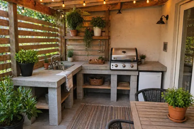 Patio kitchen by Hawkins Landscaping featuring a stylish outdoor cooking area with built-in counters, grill station, warm lighting, and cozy patio seating.