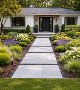 Landscaping ideas by Hawkins Landscaping featuring a modern front yard with geometric walkways, manicured shrubs, ornamental grasses, and neatly designed garden beds.