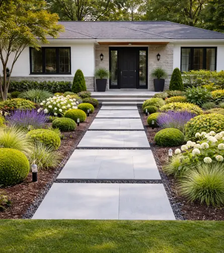 Landscaping ideas by Hawkins Landscaping featuring a modern front yard with geometric walkways, manicured shrubs, ornamental grasses, and neatly designed garden beds.