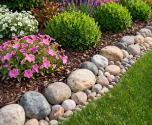 Landscaping edging by Hawkins Landscaping featuring natural rock borders, colorful flowers, and clean mulch lines that create a polished and well-defined garden bed.