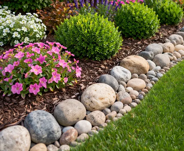 Landscaping edging by Hawkins Landscaping featuring natural rock borders, colorful flowers, and clean mulch lines that create a polished and well-defined garden bed.