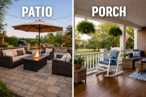 Patio vs porch comparison by Hawkins Landscaping showing a cozy paver patio with fire pit on one side and a covered porch with seating on the other.