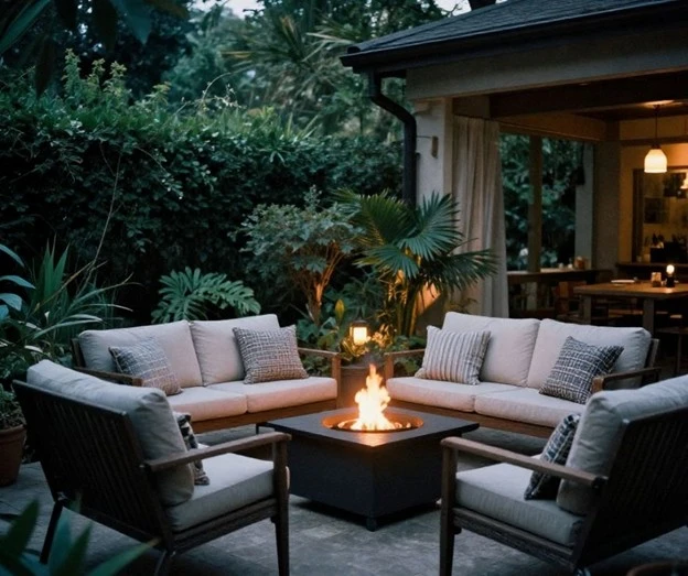 Patio near me by Hawkins Landscaping featuring a modern outdoor patio with cozy seating, lush landscaping, and a fire pit for relaxing evenings.