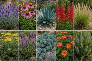 Drought-tolerant landscaping plants featured by Hawkins Landscaping, including lavender, coneflowers, agave, salvia, ornamental grasses, yarrow, sedum, lantana, and rosemary for a colorful, water-efficient landscape design.