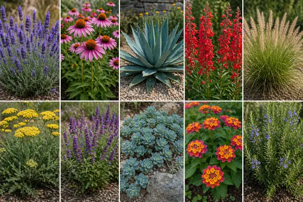 Drought-tolerant landscaping plants featured by Hawkins Landscaping, including lavender, coneflowers, agave, salvia, ornamental grasses, yarrow, sedum, lantana, and rosemary for a colorful, water-efficient landscape design.
