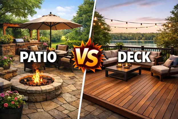 Patio vs deck comparison by Hawkins Landscaping featuring a stone patio with a fire pit and outdoor seating alongside a spacious wood deck overlooking the water, highlighting two popular outdoor living options.