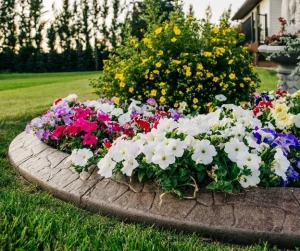 Colorful flower bed showcasing eye-catching landscaping ideas with vibrant seasonal blooms, decorative edging, and manicured lawn design by Hawkins Landscaping.