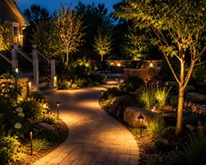 Landscape architecture project by Hawkins Landscaping featuring illuminated walkways, landscape lighting, trees, and garden beds that create an elegant outdoor living space at night.
