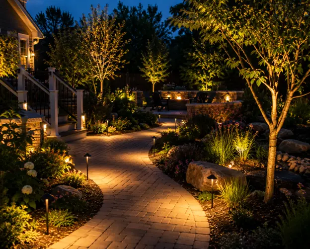 Landscape architecture project by Hawkins Landscaping featuring illuminated walkways, landscape lighting, trees, and garden beds that create an elegant outdoor living space at night.